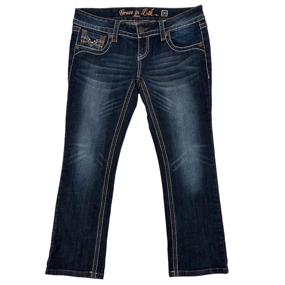 Grace In LA Womens Blue Bling Flap Pocket Low Rise Cropped Straight Leg Jeans 30